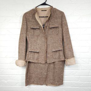 Elie Tahari Tan Tweed Pencil Skirt Suit Set Silk Cotton Blend Academia Size 8